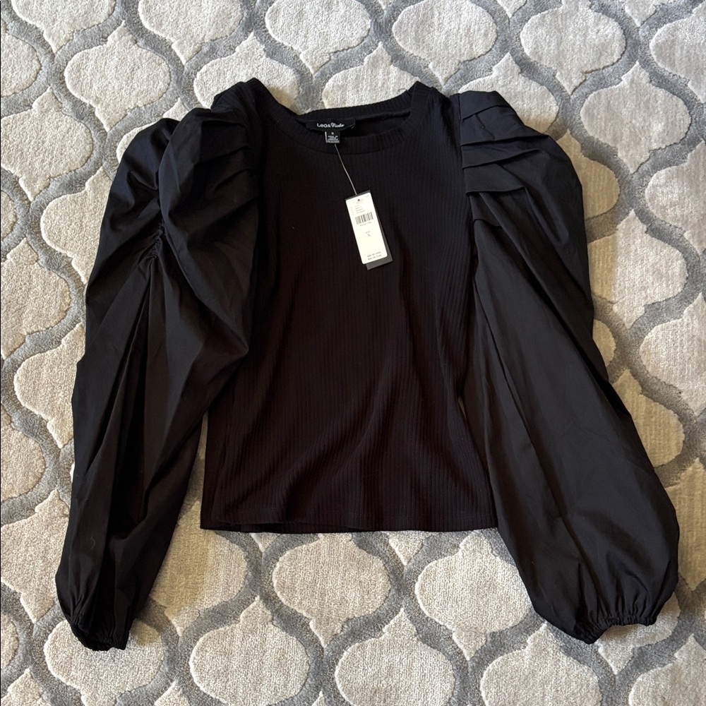 Anthropogie Lovedrobe Black Puff Sleeve Ribbed Top